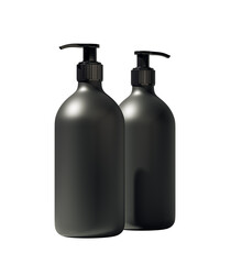 Poster - Two sleek black pump bottles with matte finish isolated on white background, minimal branding concept for product packaging mockup. 3D Rendering
