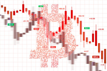 Poster - Red candlestick chart with Bitcoin symbol, showing price fluctuations, sell signals and market volatility, isolated on white background. 3D Rendering