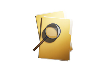 Poster - Yellow file folders with magnifying glass placed on top, realistic 3D Rendering style, isolated on white background, concept of search and research