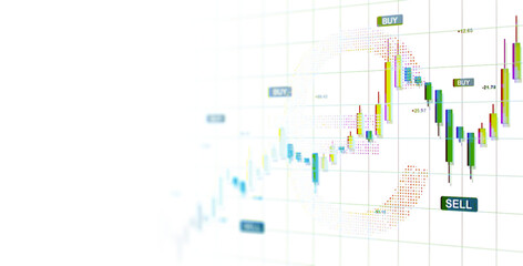 Poster - Colorful candlestick chart with buy and sell signals, 3D Rendering, on clean white background. Concept of stock exchange trading and analysis