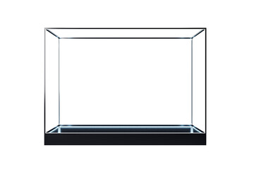 Poster - Transparent glass display case with black base and glowing edges, isolated on white background. Concept of exhibition, mockup, and branding. 3D Rendering