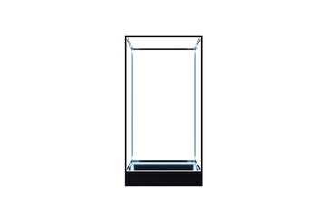 Poster - Transparent glass display box with LED lighting, black pedestal base, isolated on white background. Concept of product presentation or branding. 3D Rendering