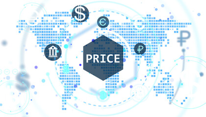 Poster - Global financial icons with price text over pixelated world map, modern hologram style on white backdrop, concept of digital currency economy. 3D Rendering