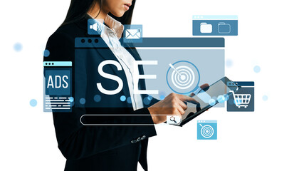 Aufkleber - Businesswoman using tablet with SEO interface and marketing icons, modern graphic style, on white background, concept of digital strategy