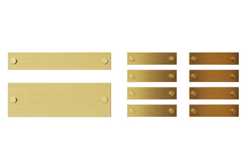 Poster - Blank gold metal nameplates with screws in various sizes and tones, isolated on white background, closeup signage mockup concept. 3D Rendering