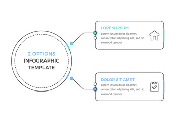 Poster - Infographic template with central circle and two connected text boxes, business diagram with icons and connecting lines, vector eps10 illustration