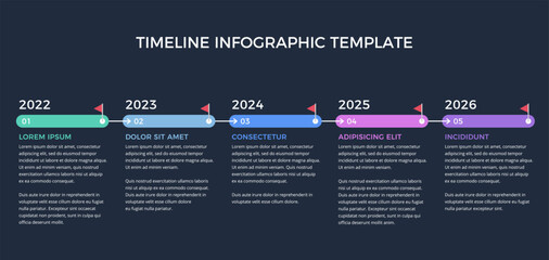 Poster - Timeline infographics template with 5 elements connected with arrows, dark background, vector eps10 illustration