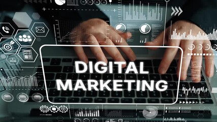 Poster - Hands Typing on Laptop with Digital Marketing Graphics and Data Elements in Modern Workspace. Asymptotic smart data analytic.
