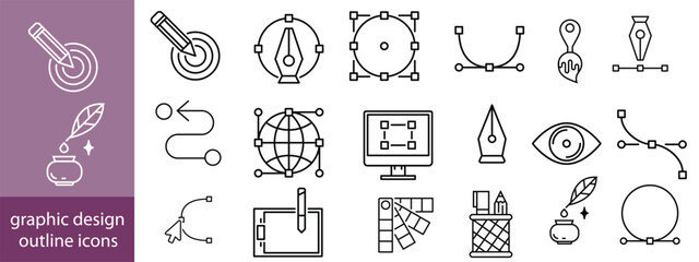 Set of outline icons of graphic design. Simple linear icons in a modern style flat, Creative Process. Graphic design, creative package, stationary, software. Minimal Graphic Design related icon set.
