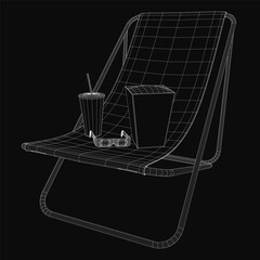 Poster - A folding beach chair in wireframe 3D model features a cup of coffee and sunglasses placed on the seat. The black background highlights the clean design and modern aesthetic.