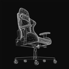 Poster - A sleek gaming chair rendered in 3D wireframe style stands out against a black background. The detailed mesh structure highlights ergonomic contours and modern design.