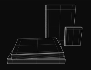 Poster - A 3D wireframe model of stacked books on a black background, arranged neatly with the top book slightly tilted. The monochrome design highlights clean lines and geometric shapes.