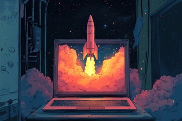 Poster - Rocket launching from a computer in a vibrant digital illustration showcasing innovation and creativity, digital illustration of a rocket coming out of a laptop screen