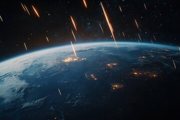 Wall Mural - planet earth viewed from space with meteors streaking through the atmosphere, planet earth as viewed