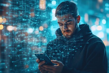 Poster - Data processing and smartphone use by biracial man in urban night setting, data processing over biracail man using smartphone