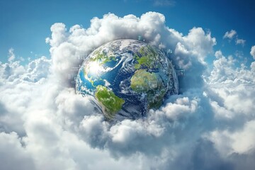 Poster - Data processing visualization over a globe surrounded by clouds in a digital environment, data processing over globe on cloud background