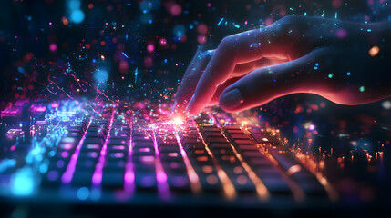 Poster - Digital Tap: A hand intricately interacts with a glowing keyboard, symbolizing the interconnectedness of technology and human creativity, in a vivid, futuristic aesthetic.