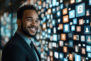 Poster - Biracial businessman smiling in front of digital media icons in a modern office environment, media icons over biracial businessman smiling in office