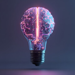 Poster - Illuminating Ideas: A radiant lightbulb, its form a human brain intertwined with a digital circuit, represents the fusion of intellect and technology, representing innovation.