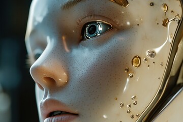 Poster - Close-up of an artificial intelligence portrait showcasing advanced robotic features and intricate details, full download of artificial intelligence, portrait of a female robot