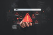 © Goodtime - System warning alert on virtual interface with woman interaction. Concept of cybersecurity risk, data breach, malware, hacking, IT failure, and digital system vulnerability in modern technology.