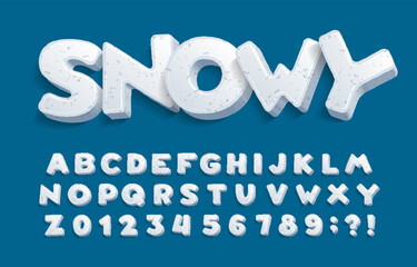 Poster - Snowy alphabet font. 3D cartoon letters and numbers. Stock vector typeface for your typography design.