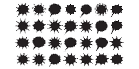 Poster - A collection of black and white speech bubbles and burst shapes arranged on a white background