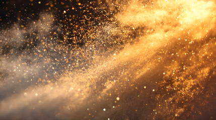 Poster - Fiery Dust: An evocative abstract composition featuring a dynamic explosion of radiant gold dust and particles, a visual representation of energy and motion. 