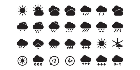 Poster - Weather forecast icons showing sun clouds and rain in a black and white vector illustration set