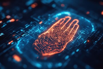 Poster - Biometric HUD element showcasing hand print with digital circuitry in futuristic design, 4K Biometric HUD element