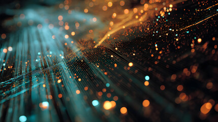 Poster - Abstract digital pattern of a data highway. Data streams with glowing particles flow through a complex network, creating a sense of depth and dynamism.