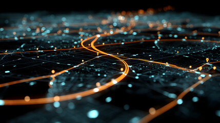 Poster - Technological Network of Light: An evocative visualization of data pathways, represented as glowing threads weaving across a digital landscape.