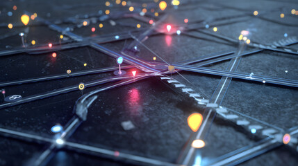 Poster - Connected Network Visualization: A dynamic visual representation of interconnected nodes and pathways in a cutting-edge network. Illuminating data flow with an abstract digital illustration