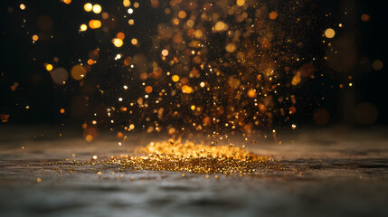 Poster - Golden Dust Dance: A captivating macro shot capturing the mesmerizing cascade of shimmering golden dust particles against a backdrop.
