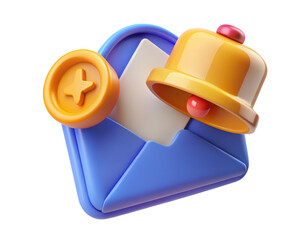 Poster - 3d render of blue envelope with new notification bell and golden coin isolated on background representing inbox alerts