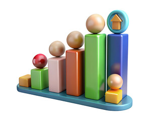 Poster - 3d rendered ascending bar graph with spheres and arrow symbol on background representing growth and achievement in business