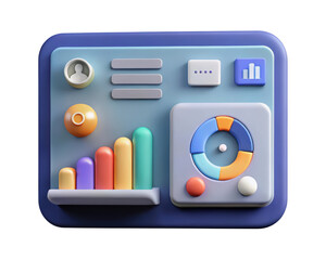 Poster - 3d rendered business analytics interface with bar graph and pie chart showing data visualization and presentation for finance analysis and statistics