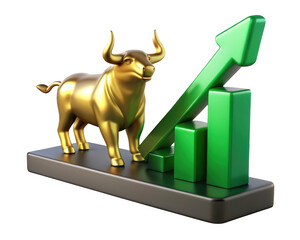 Poster - Golden bull and green growth chart depicting upward trend in financial markets and investment performance indicators