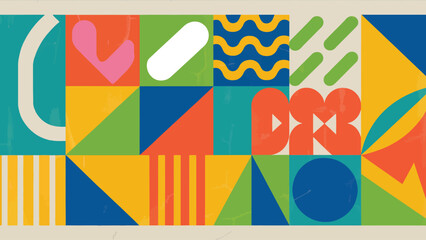 Poster - Colorful Geometric Composition: A vibrant composition of geometric shapes and patterns in a playful arrangement.