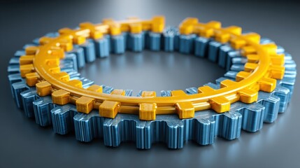 Poster - Bright yellow and blue gear wheel illustrating the concept of an innovation feedback loop in a systematic design