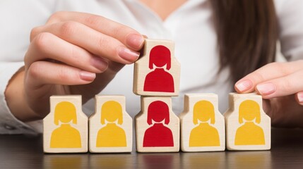 Poster - Woman skillfully building a pyramid of wooden blocks representing innovation, teamwork, and structured development approaches