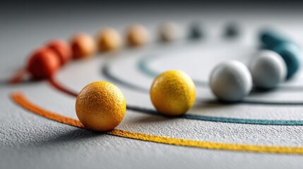 Poster - A diverse group of colorful balls arranged neatly on a table surface representing collaboration and teamwork