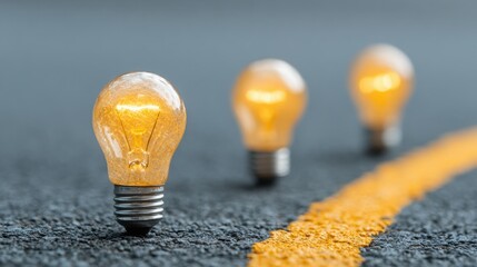 Poster - A bright light bulb positioned on a road representing innovative thinking and guidance in a conceptual roadmap design