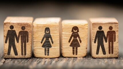 Poster - Wooden block featuring a couple and a woman symbolizing innovation value ladder in a conceptual framework setup
