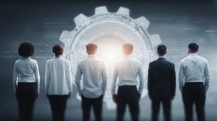 Poster - Group of people standing in front of a large machine signifying product innovation and team collaboration in action