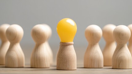 Poster - Yellow light bulb surrounded by wooden figures representing collaborative efforts in product innovation and creativity
