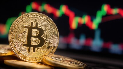 Poster - Bitcoin cryptocurrency coin positioned on a wooden table reflecting the rise in digital currency and trade automation