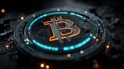 Poster - Bitcoin coin illustrating the concept of quantum bitcoin futures panel in a futuristic user interface design display