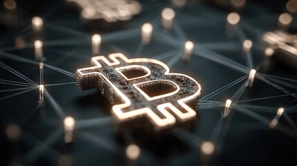 Poster - A bitcoin surrounded by a network of interconnected bitcoin symbols depicting digital currency dynamics