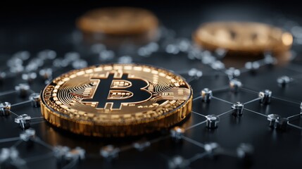 Poster - Bitcoin coin surrounded by intricate blockchain circuitry representing digital currency and modern technology concepts
